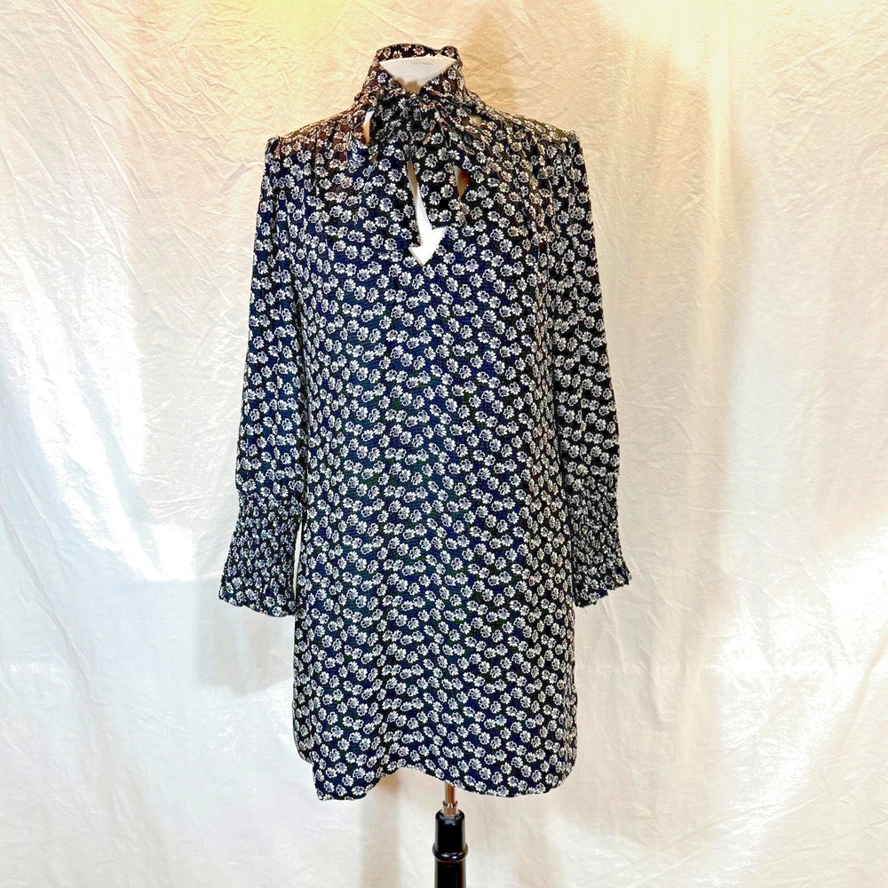 Rebecca Taylor Silk Floral Dress Sz 10 Bow Collar A-Line Smocked Cuff Lined